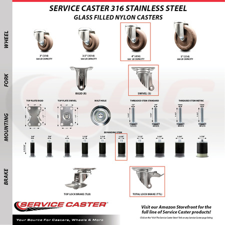Service Caster 4 Inch 316SS High Temp Glass Filled Nylon 1-3/8 Inch Stem Caster Set Lock Brake SCC-SS316TTLEX20S414-GFNSHT-138-4